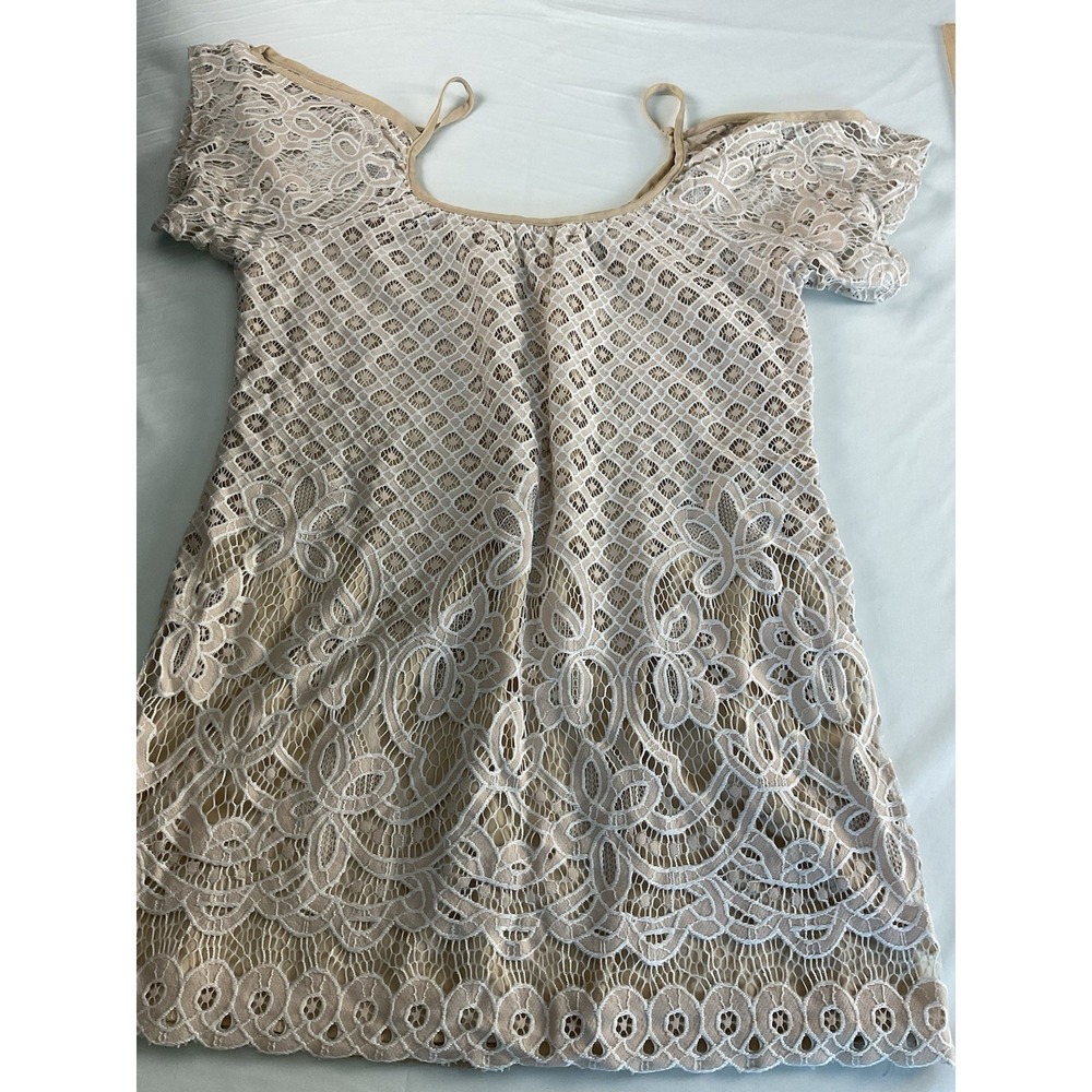 Ladies  Tunic Beige Overlay Crochet Blouse Off Shoulders Babydoll Coquette